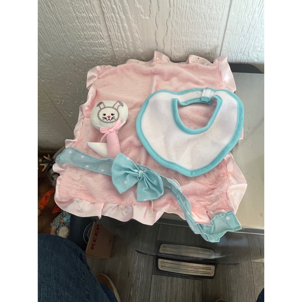 Baby doll Pink Bunny Rattle Bib Blanket Set Easter Spring‎ Gift